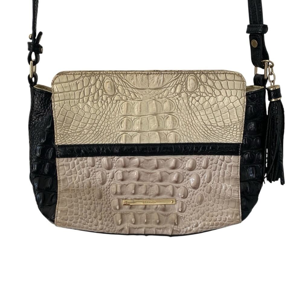 Brahmin Hillary Leather Croc Embossed Crossbody Purse Bag beige black tan